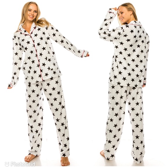 Star covered Black and White 2 Piece Pajama Set with Red Piping - Picture 4 of 6